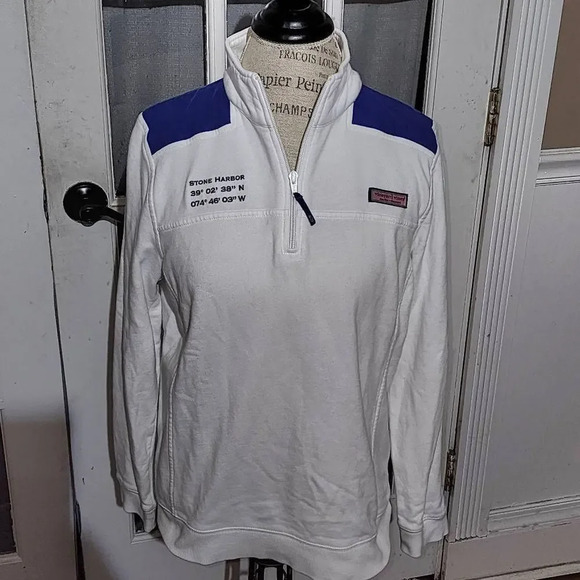 Vineyard Vines Womens White Navy Classic Whale Shep Shirt 1/4 Zip Pullover‎ Med - Picture 1 of 5